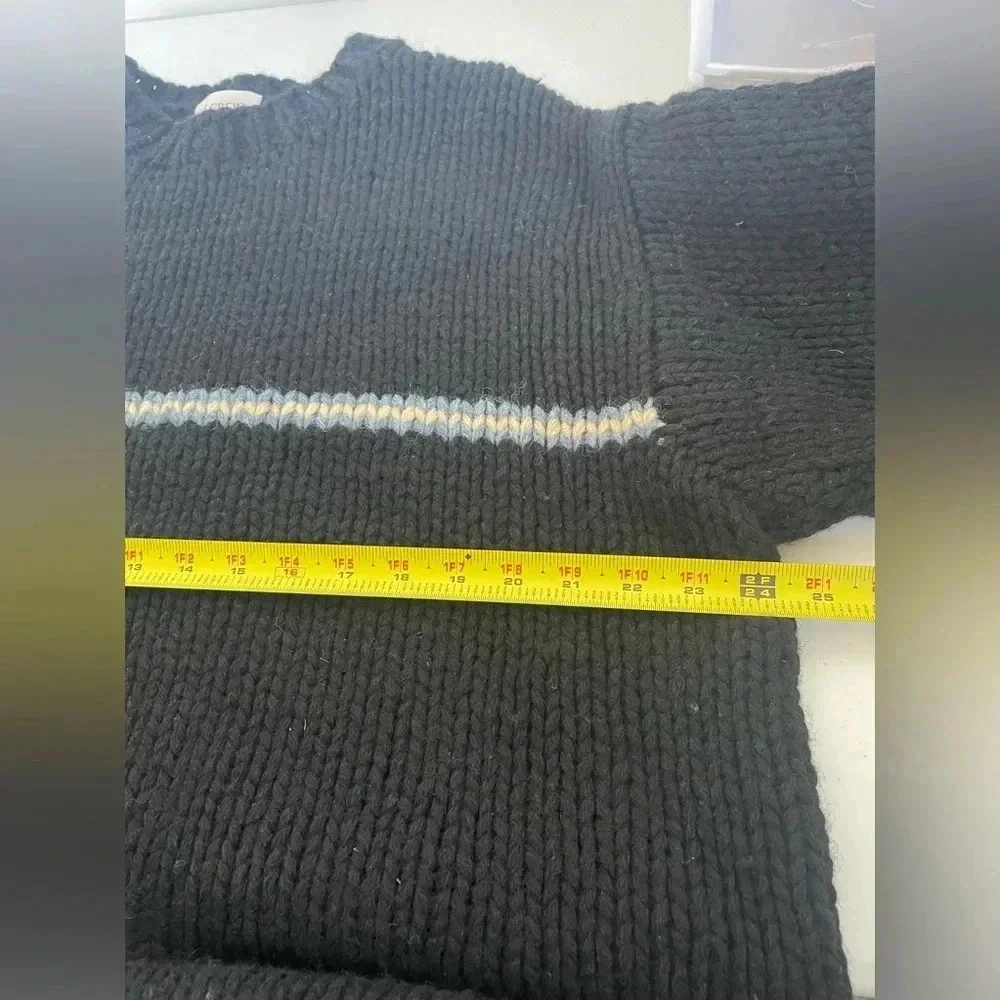 Vintage 90s Mens J Crew Hand Knit Black Wool Chunky‎ Striped Crew Sweater Sz L